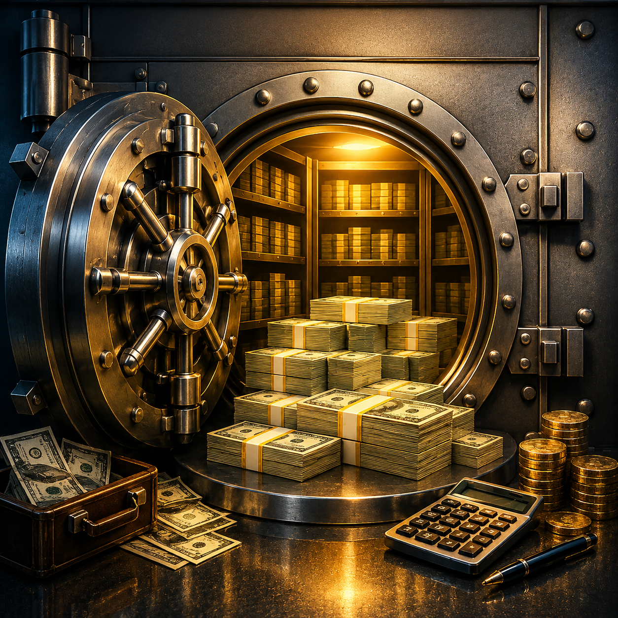 Open bank vault door with stacks of cash and gold coins spilling out, representing money saved from every paycheck